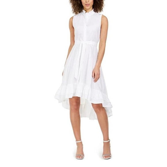 Calvin Klein High Low Shirt Dress Size 12 BNWT Tiered Ruffle Belted White Bridal - Picture 1 of 6